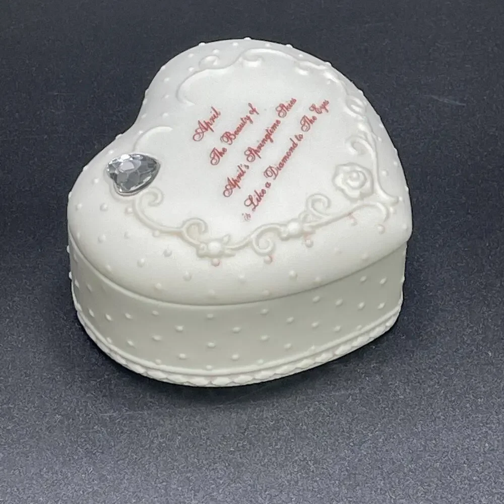 Vtg April's Springtime Skies Porcelain White Heart-Shaped Trinket Box Embossed